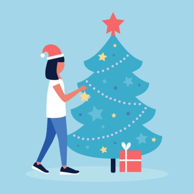 Genç bir kadın Noel ağacını süslüyor. Düz bir şekilde vektör illüstrasyonu