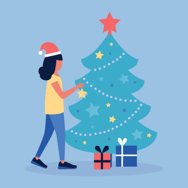 Genç bir kadın Noel ağacını süslüyor. Düz bir şekilde vektör illüstrasyonu