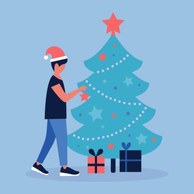 Genç adam Noel ağacını süslüyor. Düz bir şekilde vektör illüstrasyonu