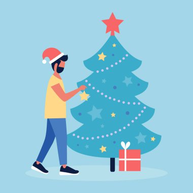 Genç adam Noel ağacını süslüyor. Düz bir şekilde vektör illüstrasyonu