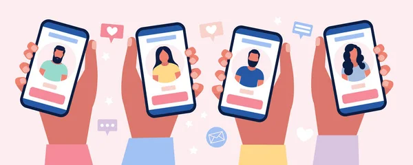 Dating Service App Sociaal Netwerk Man Vrouw Met Een Mobiele — Stockvector
