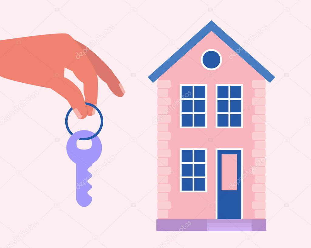 Concept of buying a property, rent, home loan. Hand holding house key. Vector illustration in a flat styl