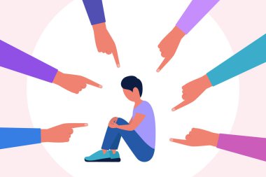 Concept illustration of shame, guilt, censure. Group of people points a finger at a depressed man. Vector illustration in a flat style clipart