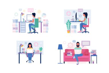 Çalışma akışı ayarlandı. Laptopları ve bilgisayarları olan insanlar. Sosyal ağlarda iletişim, e-posta, online toplantı, video görüşmesi. Düz bir şekilde vektör illüstrasyonu