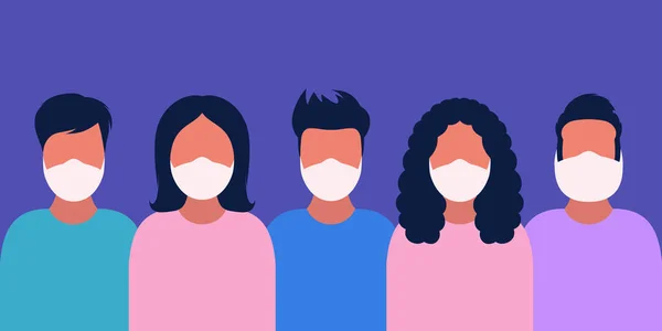 Groupe Différentes Personnes Portant Des Masques Médicaux Debout Ensemble Illustration — Image vectorielle