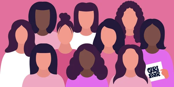 異なる人々のグループが一緒に立っている 女性の力 フェミニズムと身体の肯定的なテーマ 平面図のベクトル図 — ストックベクタ
