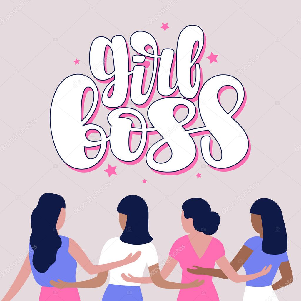 Group of different people standing together. Women power, feminism and body positive theme. Vector illustration in a flat styl