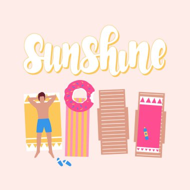 Sahildeki adamın resmi. Adam güneşte güneşleniyor. Denizde tatil. Yukarıdan bak. Güneş ışığı. Vektör harfleri. Kart, kıyafet ve diğerleri için tasarım. Renkli düz vektör çizimi.