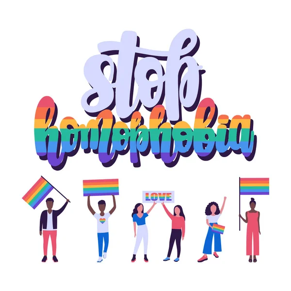 Stop Homofobie Groep Lgbt Activisten Parade Vector Illustratie Platte Stijl — Stockvector