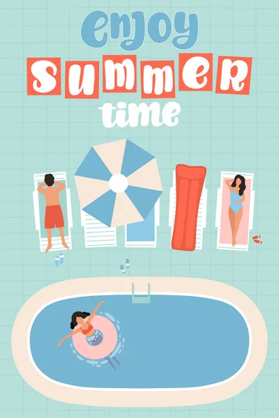 Ilustración Una Piscina Con Gente Hombres Mujeres Tomando Sol Sol — Archivo Imágenes Vectoriales