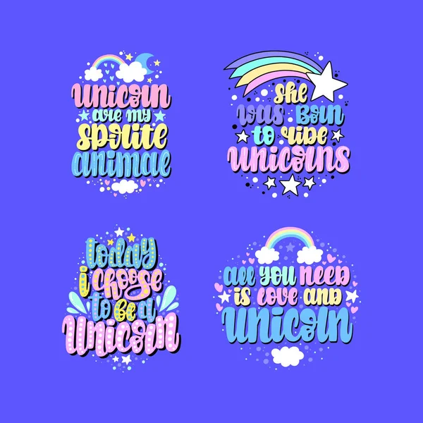 Unicornio Dibujado Mano Ilustración Letras Vectoriales Tarjeta Texto Póster Impresión — Vector de stock