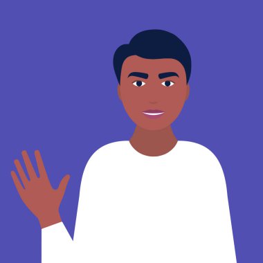 Afrikalı adam elleriyle selamlar. Düz bir şekilde vektör illüstrasyonu