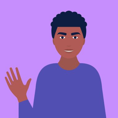 Afrikalı adam elleriyle selamlar. Düz bir şekilde vektör illüstrasyonu