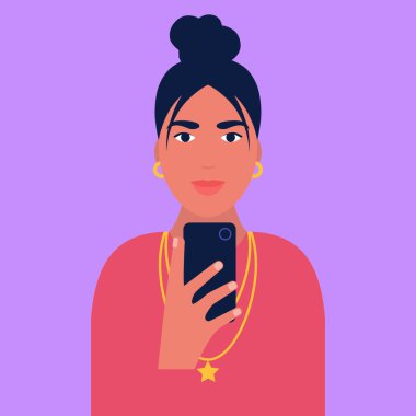 Telefonda selfie çeken bir kadın tasviri. Düz bir şekilde vektör illüstrasyonu