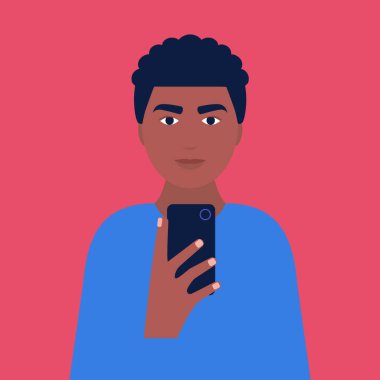 Telefonda selfie çeken Afrikalı bir adamın tasviri. Düz bir şekilde vektör illüstrasyonu