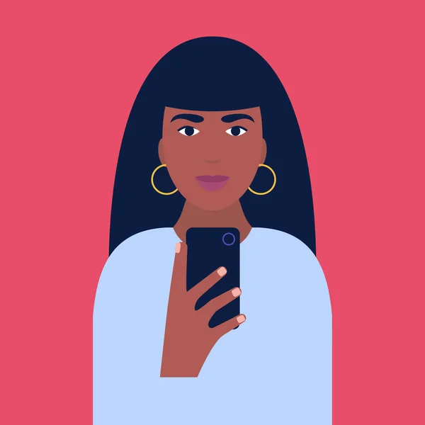 Illustration Einer Afrikanerin Die Ein Selfie Telefon Macht Vektor Illustration — Stockvektor