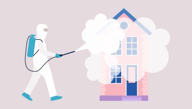 Özel giysili bir adam virüsten dezenfektan sıkar. Coronavirus kontrol konsepti. Düz bir şekilde vektör illüstrasyonu