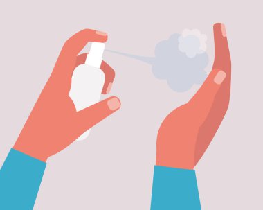 Kollar antibakteriyel sprey kullanmış. Elinde sprey şişesi var. Coronavirus kontrol konsepti. Düz bir şekilde vektör illüstrasyonu