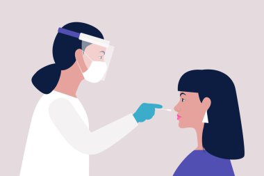 Doktor genç bir kadından test yaptırıyor. Düz bir şekilde vektör illüstrasyonu