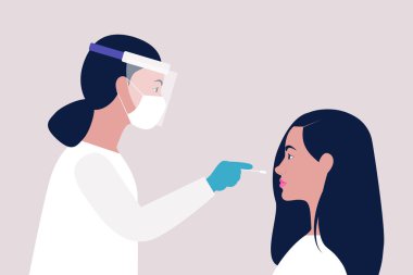Doktor genç bir kadından test yaptırıyor. Düz bir şekilde vektör illüstrasyonu