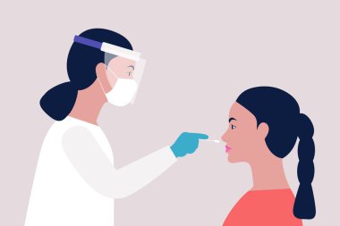 Doktor genç bir kadından test yaptırıyor. Düz bir şekilde vektör illüstrasyonu