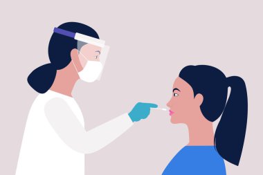 Doktor genç bir kadından test yaptırıyor. Düz bir şekilde vektör illüstrasyonu
