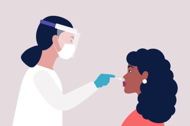 Doktor genç bir Afrikalı kadından test yaptırıyor. Düz bir şekilde vektör illüstrasyonu