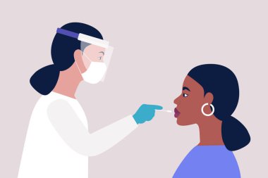Doktor genç bir Afrikalı kadından test yaptırıyor. Düz bir şekilde vektör illüstrasyonu