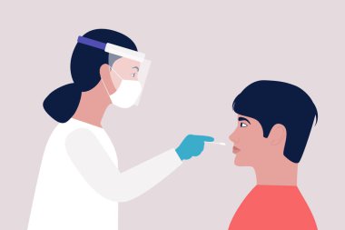 Doktor genç bir adamdan test yaptırıyor. Düz bir şekilde vektör illüstrasyonu