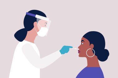 Doktor genç bir Afrikalı kadından test yaptırıyor. Düz bir şekilde vektör illüstrasyonu