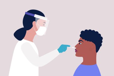 Doktor genç bir Afrikalı 'dan test yaptırıyor. Düz bir şekilde vektör illüstrasyonu