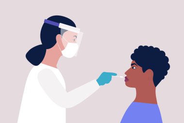 Doktor genç bir Afrikalı 'dan test yaptırıyor. Düz bir şekilde vektör illüstrasyonu