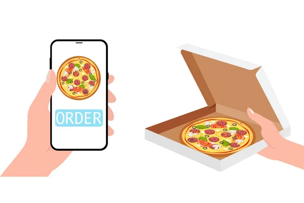 Service Livraison Pizza Fast Food Ligne Illustration Vectorielle Isométrique Plate — Image vectorielle