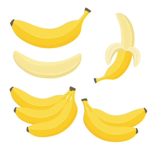 漫画バナナ 皮をむいたバナナ 黄色の果実とバナナの束 トロピカルフルーツ バナナスナックやベジタリアン栄養 絶縁ベクトルイラストアイコンセット — ストックベクタ