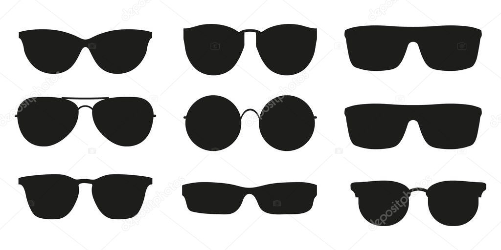 Many types of glasses. Fashion collection set glasses isolated. Vector illustration. Glasses icons frames silhouettes.