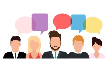 İş adamları sosyal ağ, haber, sosyal ağlar, sohbet, diyalog baloncukları hakkında tartışıyor