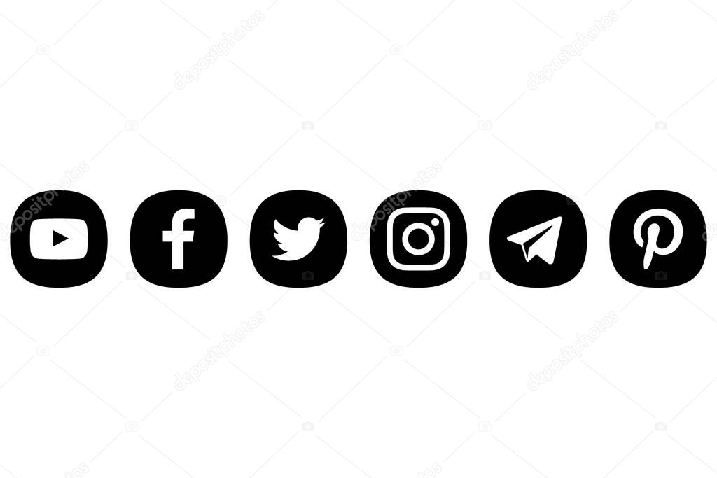 Realistic social media logotype collection: Facebook, instagram, twitter, youtube, telegram, pinterest. Social media icons. - stock vector editorial. Vector illustration