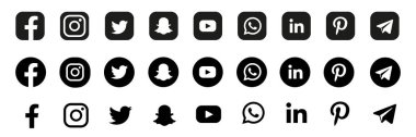 Facebook, twitter, instagram, youtube, snapchat, pinterest, Whatsap, linkedin, periscope, vimeo - popüler sosyal medya logosu koleksiyonu. Sosyal medya simgeleri. Gerçekçi bir set. Vektör editörü. Vektör illüstrasyonu