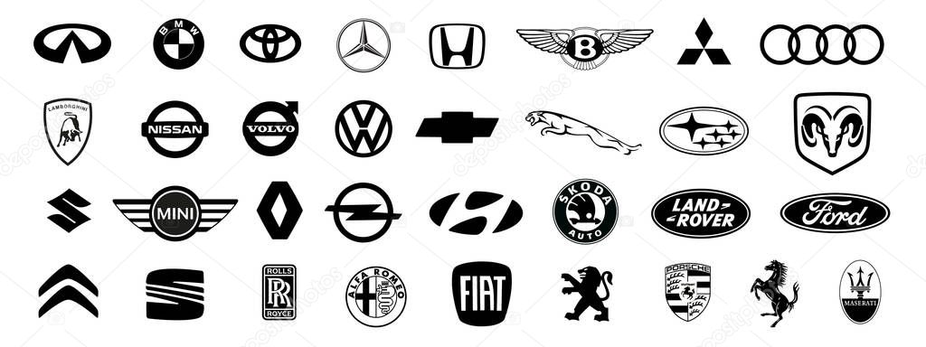 Car brands logos collection. VW, BMW, Audi, Mercedes, Lexus, Renault, Seat, Fiat, Citroen, Opel, Ferrari, Jaguar, Kia, Ford, Toyota, Honda