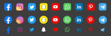 Facebook, twitter, instagram, youtube, snapchat, pinterest, Whatsap, linkedin, periscope, vimeo - popüler sosyal medya logosu koleksiyonu. Sosyal medya simgeleri. Gerçekçi bir set. Vektör editörü. Vektör illüstrasyonu