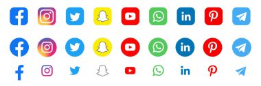 Facebook, twitter, instagram, youtube, snapchat, pinterest, Whatsap, linkedin, periscope, vimeo - popüler sosyal medya logosu koleksiyonu. Sosyal medya simgeleri. Gerçekçi bir set. Vektör editörü. Vektör illüstrasyonu