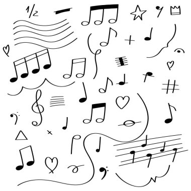 Müzik notaları karalama vektör çizim seti. Freehand melodi sembolü elementlerini çiz. .
