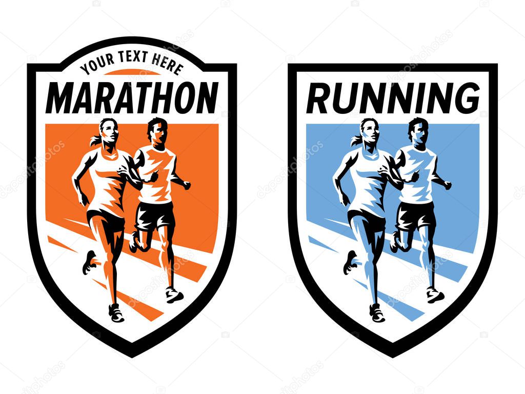 Marathon running sports logo set. Modern vector illustration with running woman and man. Shield and badge design. Easy to use and edit.
