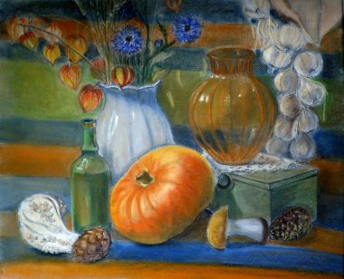 Balkabağı, vazo ve şişe ile natürmort, pastel