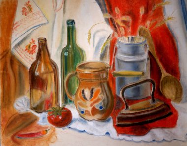 Şişeler, su, sürahi, sebze, pastel çizim ile natürmort