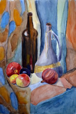 Şişe ile natürmort, su olabilir, illüstrasyon