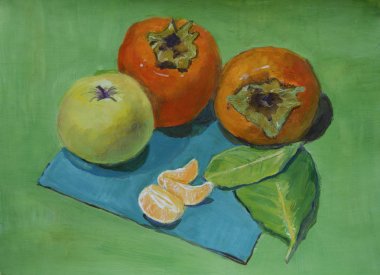 Hurma, elma, mandalina, natürmort