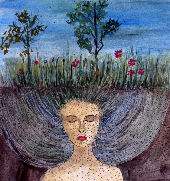 Fantasy Watercolor Painting Representing Mother Earth Woman Face Closed Eyes — Stock Photo, Image