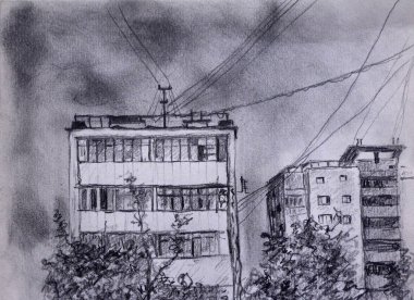 Moskova Rusya 'daki tipik bir apartman binasının çizimi. U.S.R.' da kablolar, ağaçlar, balkonlar ve pencerelerle inşa edilmiş.