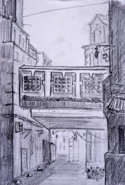 Moskova Rusya 'daki sanayi bölgesinin kalem taslağı, şehir merkezindeki eski fabrika.